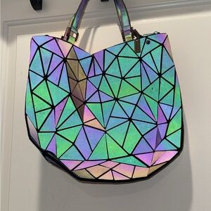Iridescent Reflective Geometric Tote Bag - Pink Green Purple